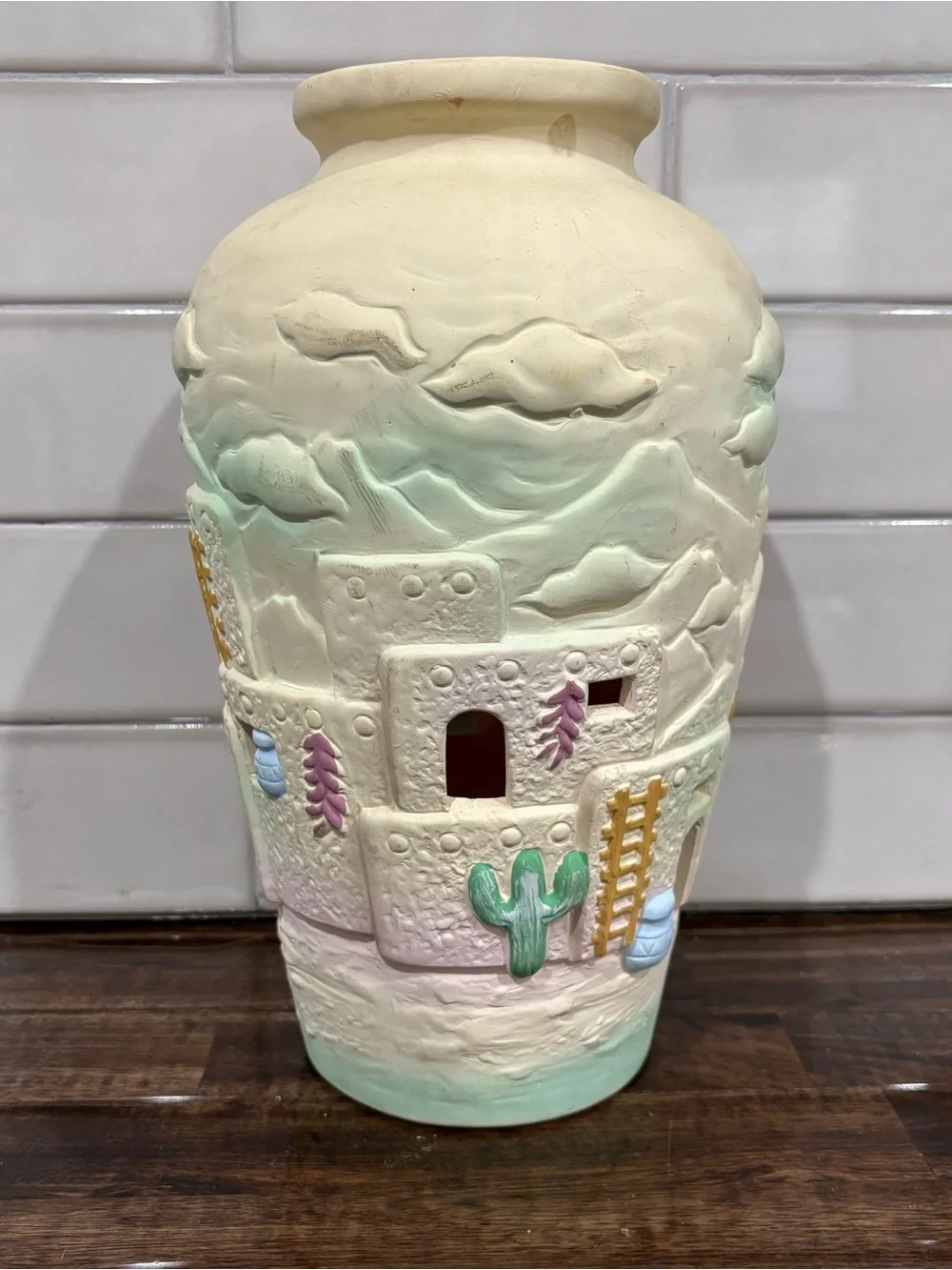 1992 Beachcombers Southwestern Cream Ceramic Vase with Pastel Accents